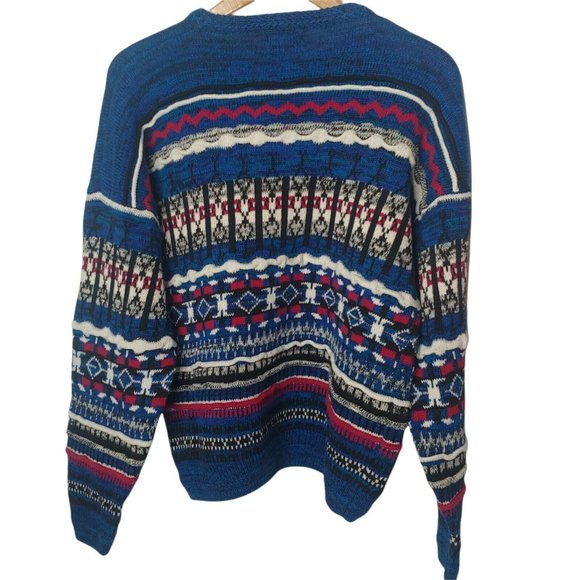 Vintage 90s Mache Men M Oversized Sweater Pullover Textured Knit Geometric Blue - Picture 7 of 9